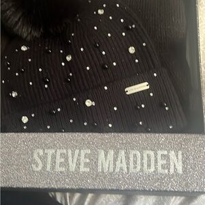 Steve Madden Black Beanie with Sparkling Accents and Plain Soft Black Scarf.